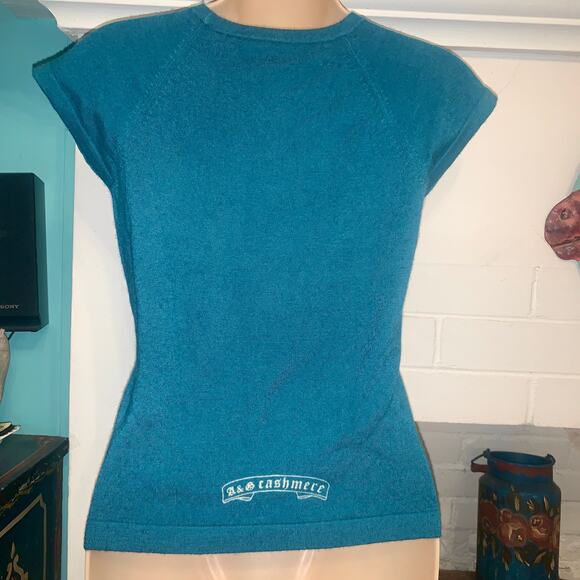VINTAGE 90's AG AMAL GUESSOUS TEAL CASHMERE INTARSIA  SHORT SLEEVE SWEATER NWOT - Picture 2 of 8